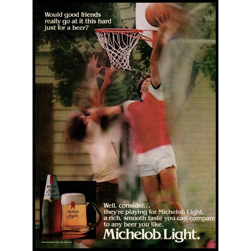 1983 Michelob Light Beer Vintage Print Ad Father Son Basketball Game Wall Art